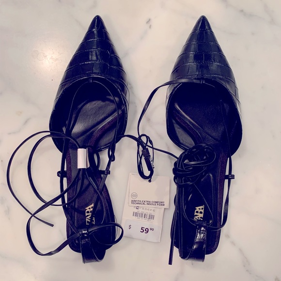NWT Zara black embossed pointed toe flats with ankle laces size 6 - Picture 9 of 11